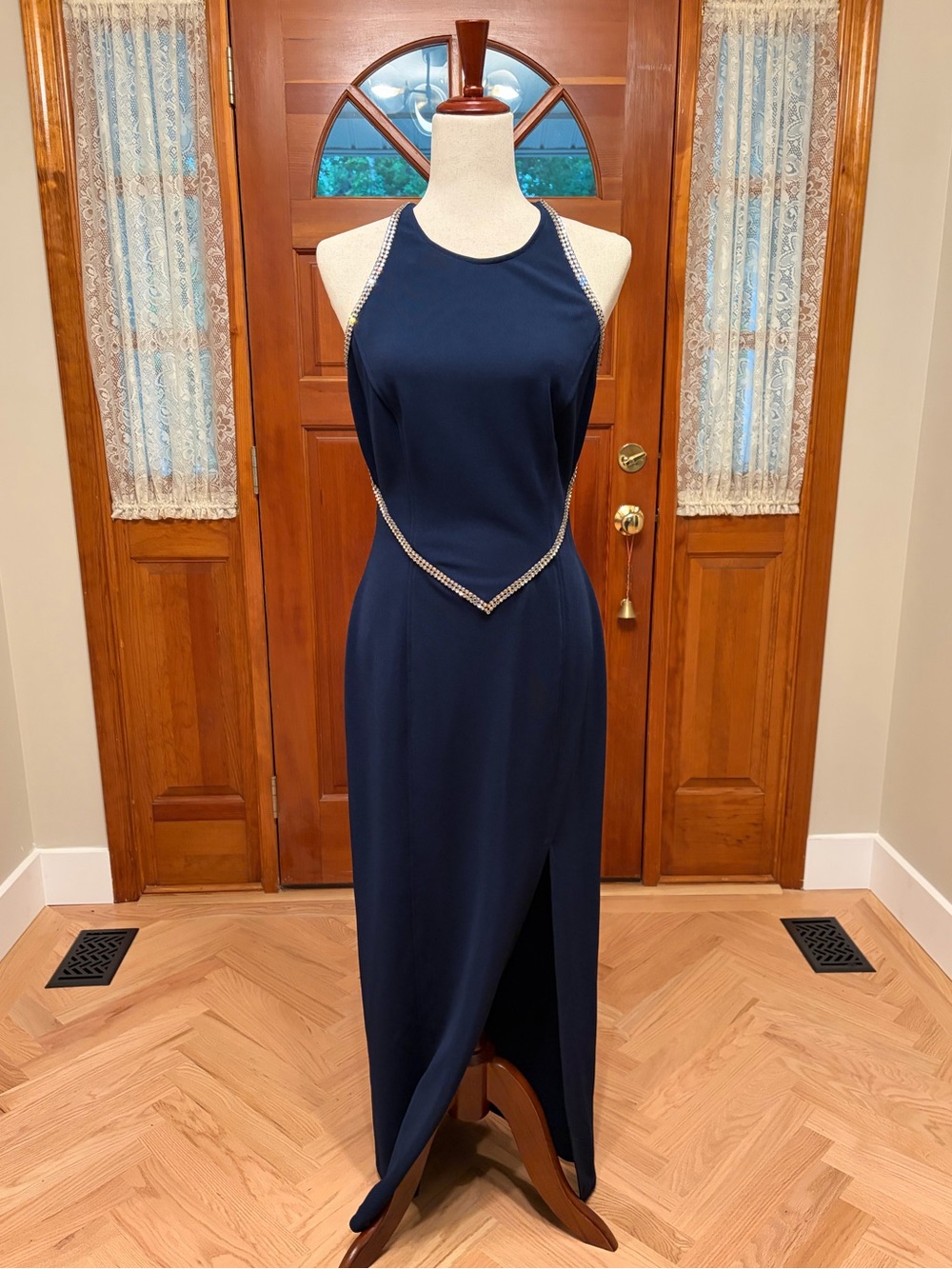 Bari Jay Navy Halter Prom Dress with Crystal Accents Size 11/12